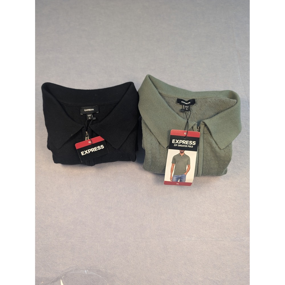 Express Zip Sweater Polo Men XL Black Green Textured Knit Lot of 2 NEW